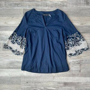 Ivanka Trump Navy Blue Blouse Bell Sleeve Embroidered Top Size Large L18